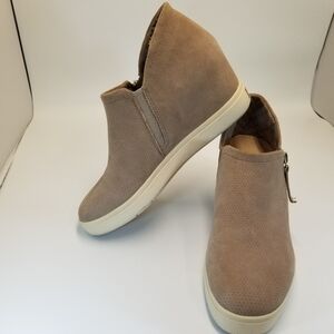 Dr Scholls Scout Zip Womans Sz 8.5 Taupe Tan Leather Suede Wedge Side Zip Bootie